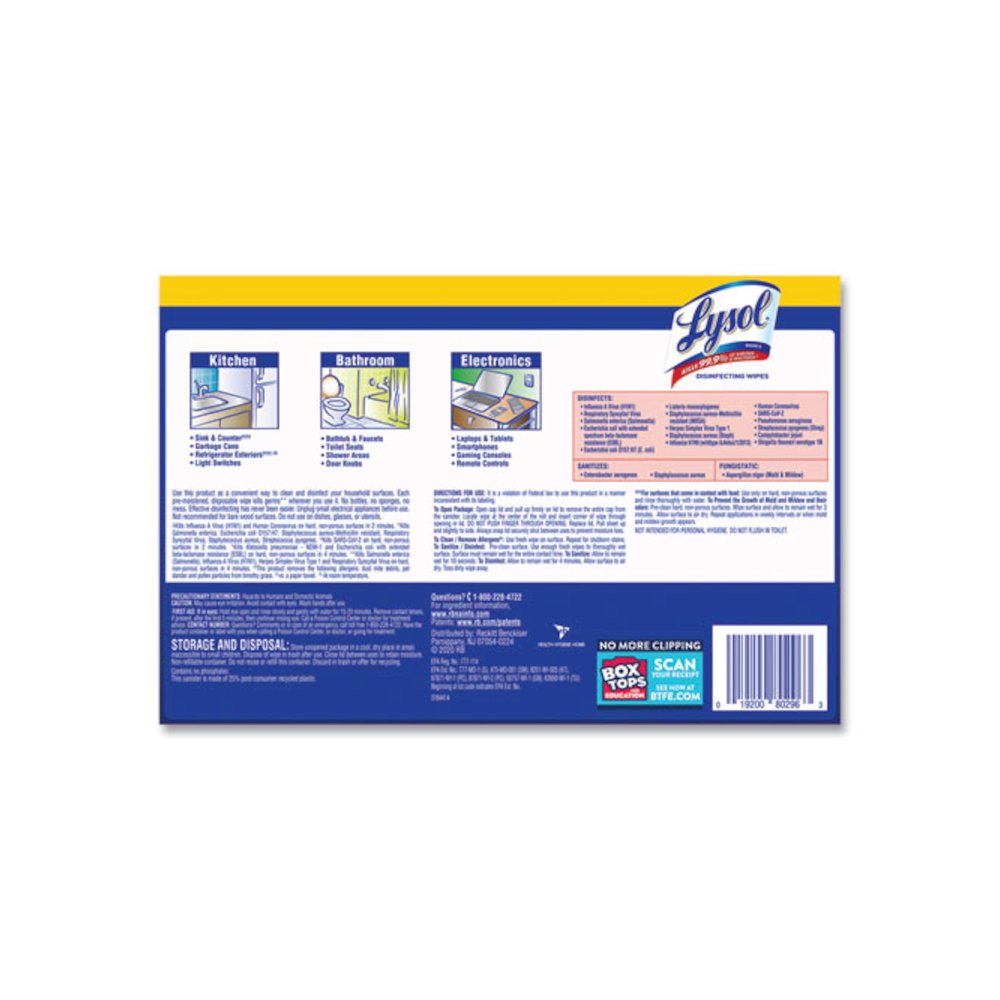 Disinfecting Wipes, 1-Ply, 7 x 7.25, Lemon and Lime Blossom, White, 80 Wipes/Canister, 2 Canisters/Pack. Picture 7