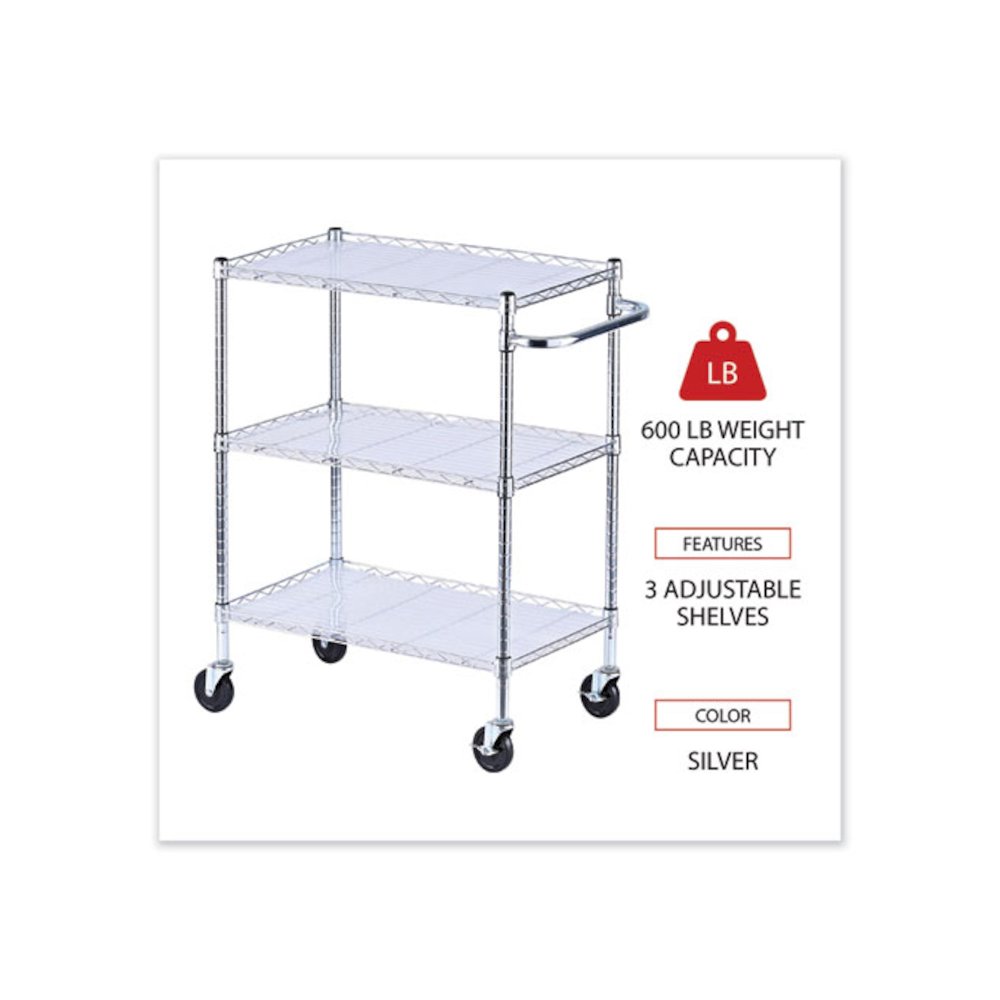 Three-Shelf Wire Cart with Liners, Metal, 3 Shelves, 600 lb Capacity, 34.21" x 18" x 40", Silver. Picture 3