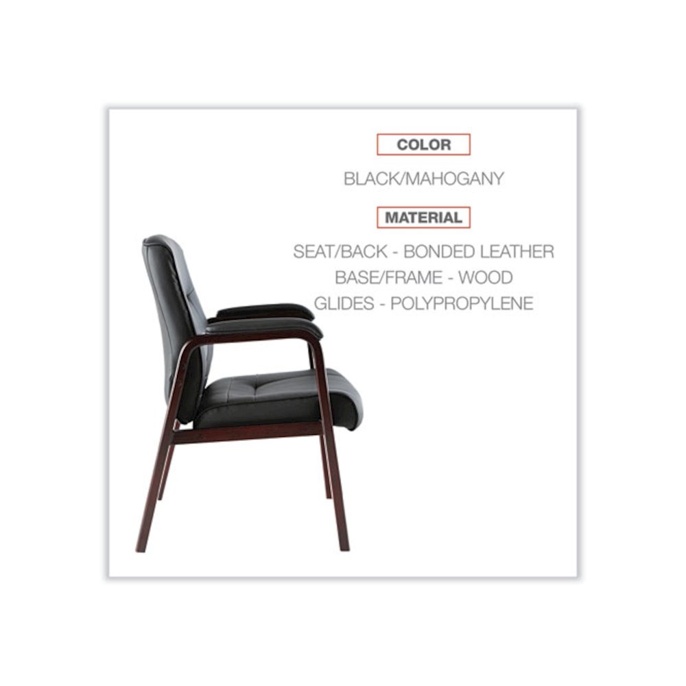 Alera Madaris Series Bonded Leather Guest Chair with Wood Trim Legs, 25.39" x 25.98" x 35.62", Black Seat/Back, Mahogany Base. Picture 3