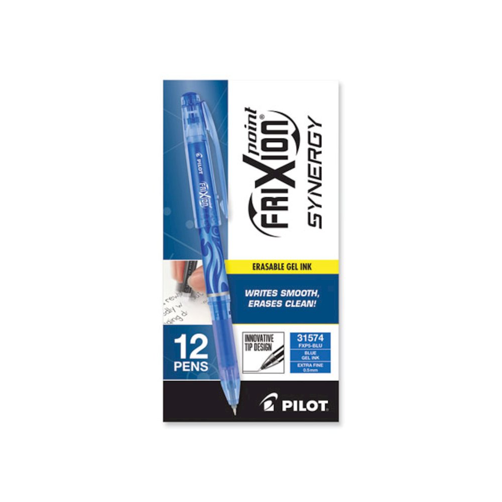 FriXion Point Erasable Gel Pen, Stick, Extra-Fine 0.5 mm, Blue Ink, Blue/Silver/Transparent Blue Barrel. Picture 2