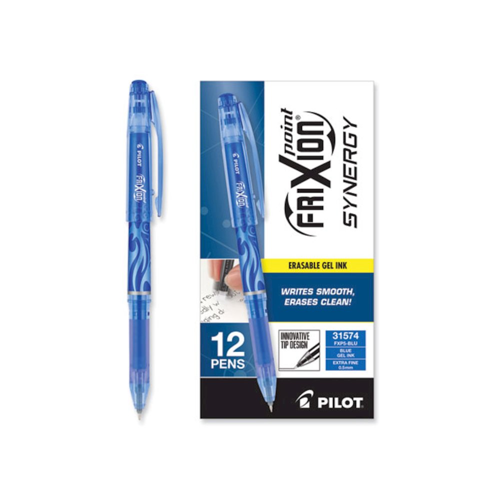 FriXion Point Erasable Gel Pen, Stick, Extra-Fine 0.5 mm, Blue Ink, Blue/Silver/Transparent Blue Barrel. Picture 3
