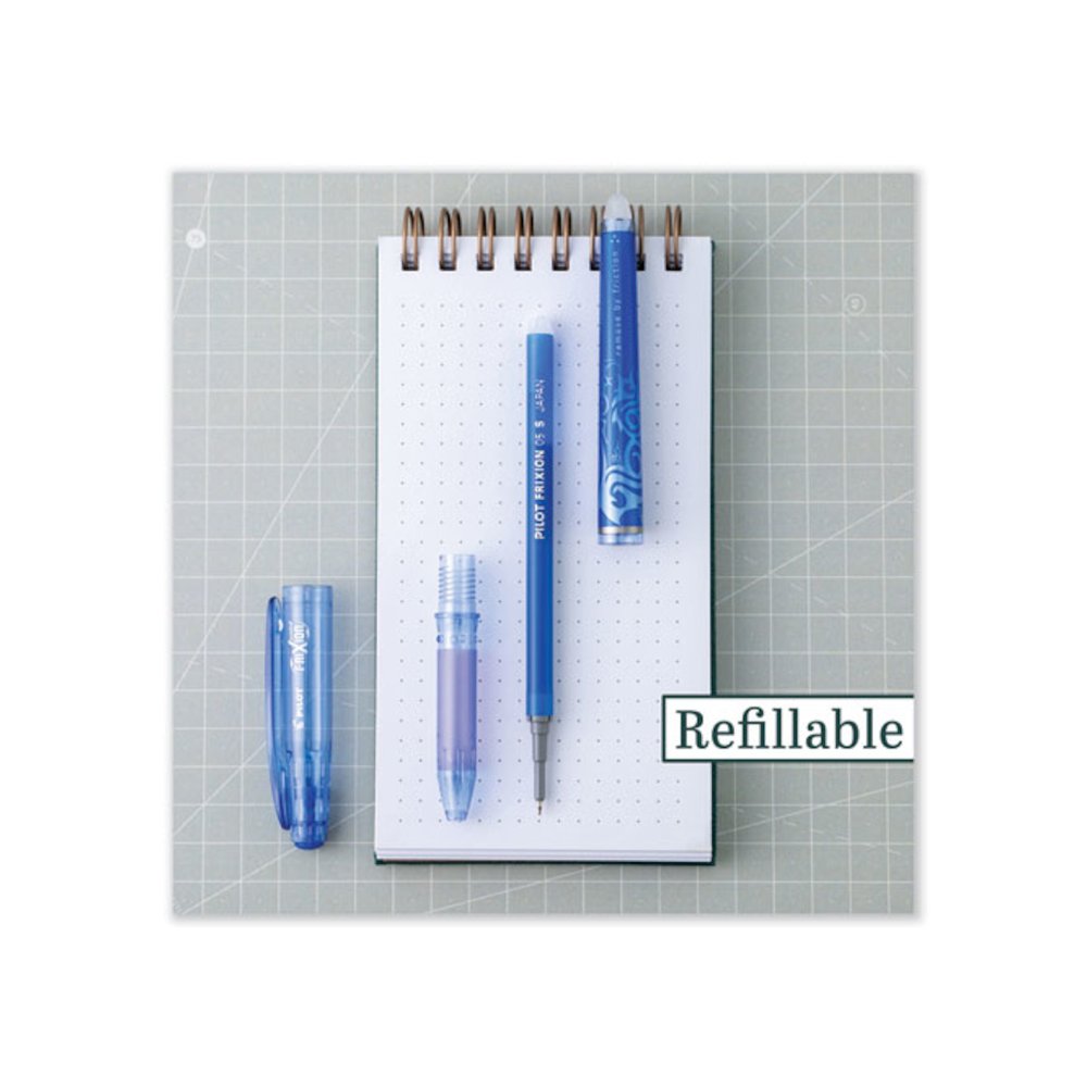 FriXion Point Erasable Gel Pen, Stick, Extra-Fine 0.5 mm, Blue Ink, Blue/Silver/Transparent Blue Barrel. Picture 4