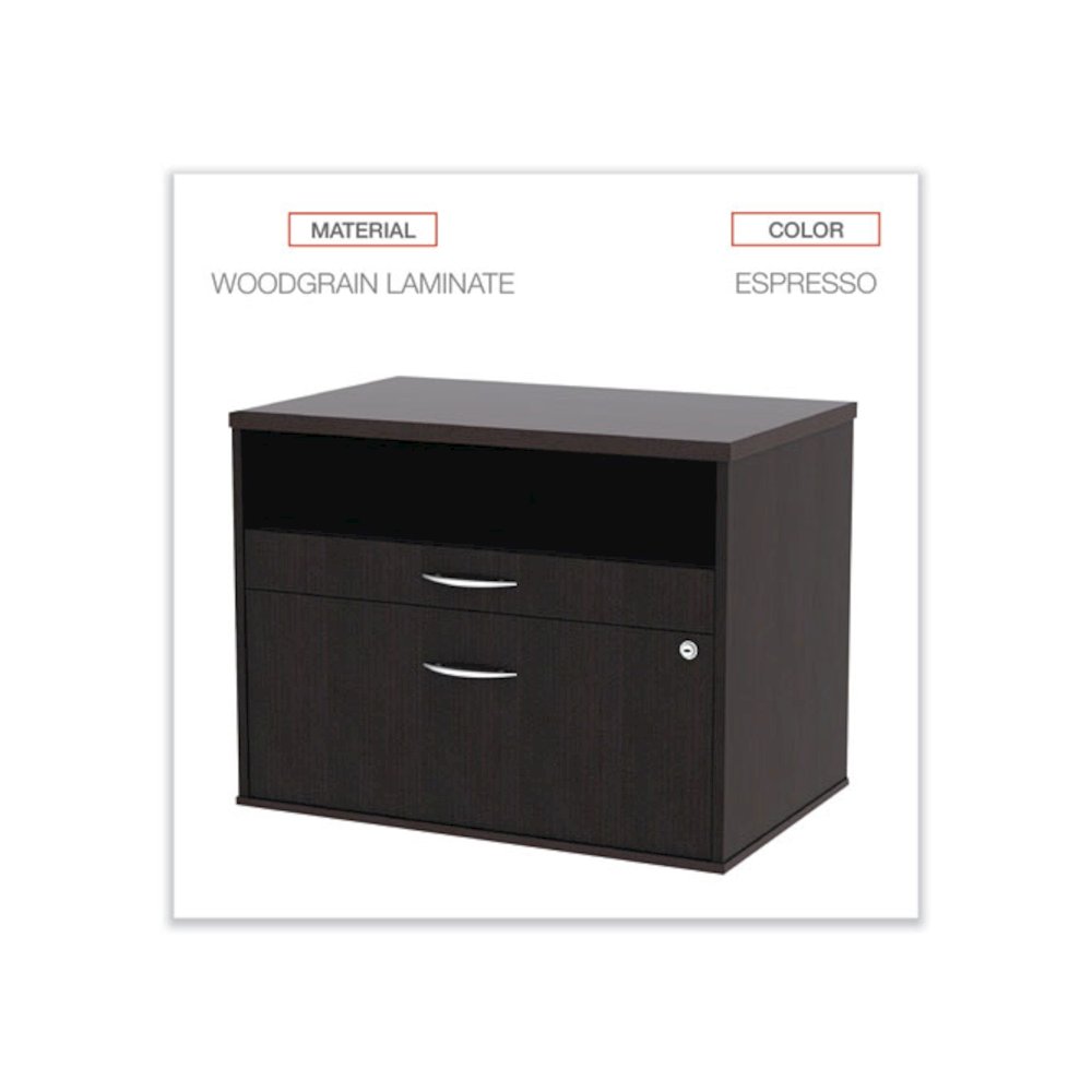 Alera Open Office Desk Series Low File Cabinet Credenza, 2-Drawer: Pencil/File,Legal/Letter,1 Shelf,Espresso,29.5x19.13x22.88. Picture 4