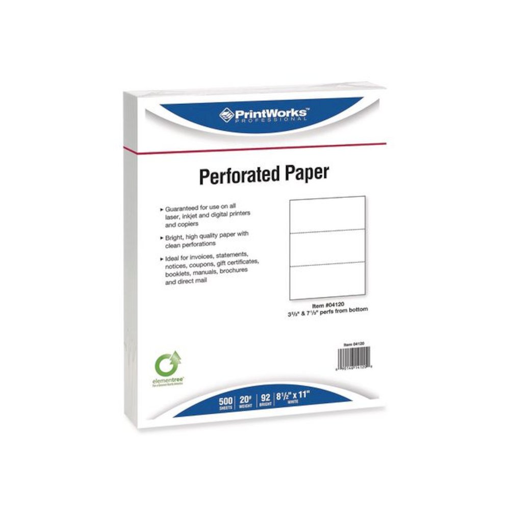 Perforated Paper, 3.66" and 7.33" from Bottom, 92 Bright, 20 lb Bond Weight, 8.5 x 11, White, 500/Ream, 5 Reams/Carton. Picture 3