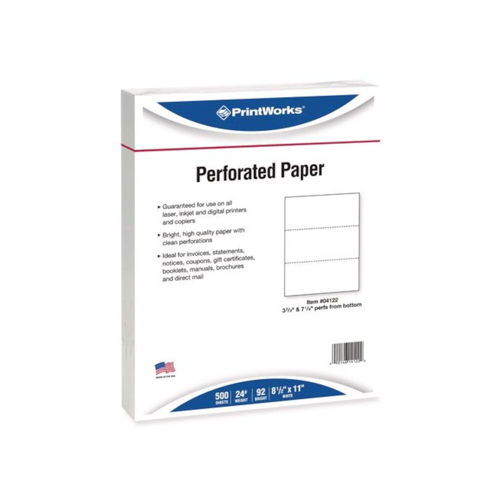 Perforated Paper, 3.66" and 7.33" from Bottom, 92 Bright, 24 lb Bond Weight, 8.5 x 11, White, 500/Ream, 5 Reams/Carton. Picture 3