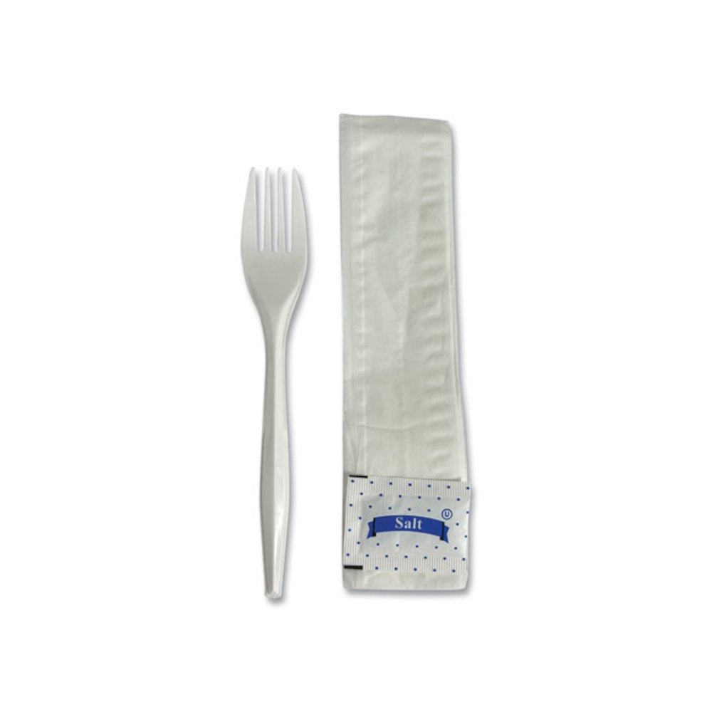 Three-Piece Utensil Set, Fork/Napkin/Salt, Plastic, White, 500/Carton. Picture 5