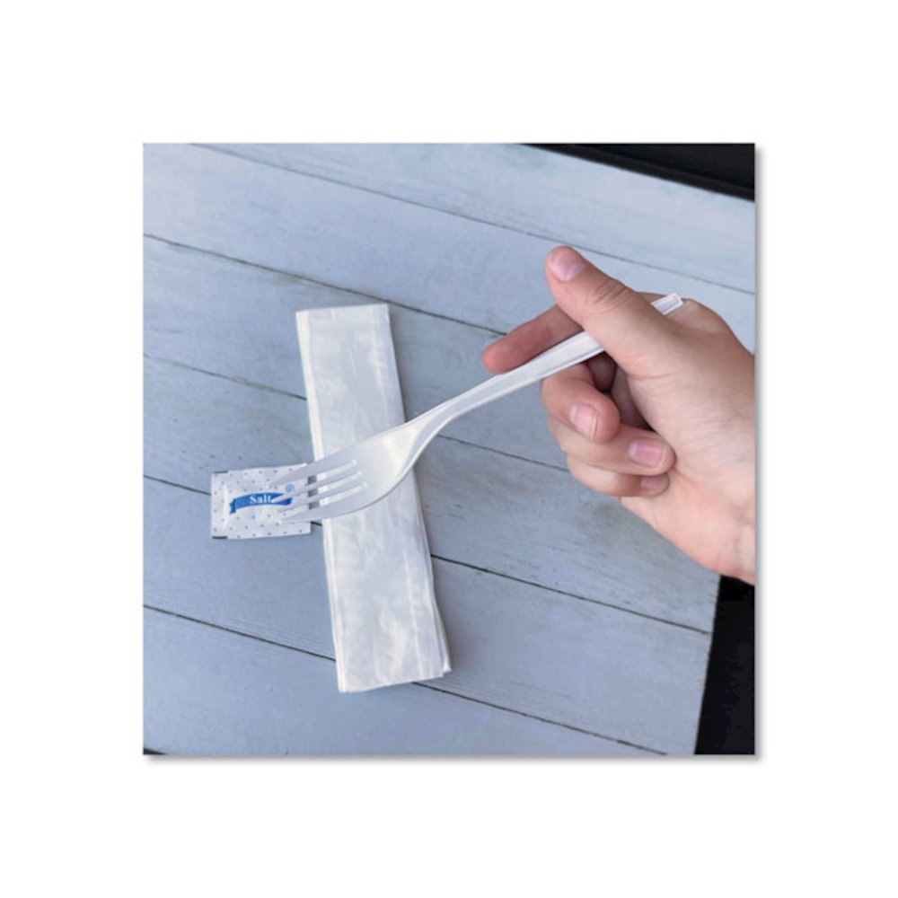 Three-Piece Utensil Set, Fork/Napkin/Salt, Plastic, White, 500/Carton. Picture 6