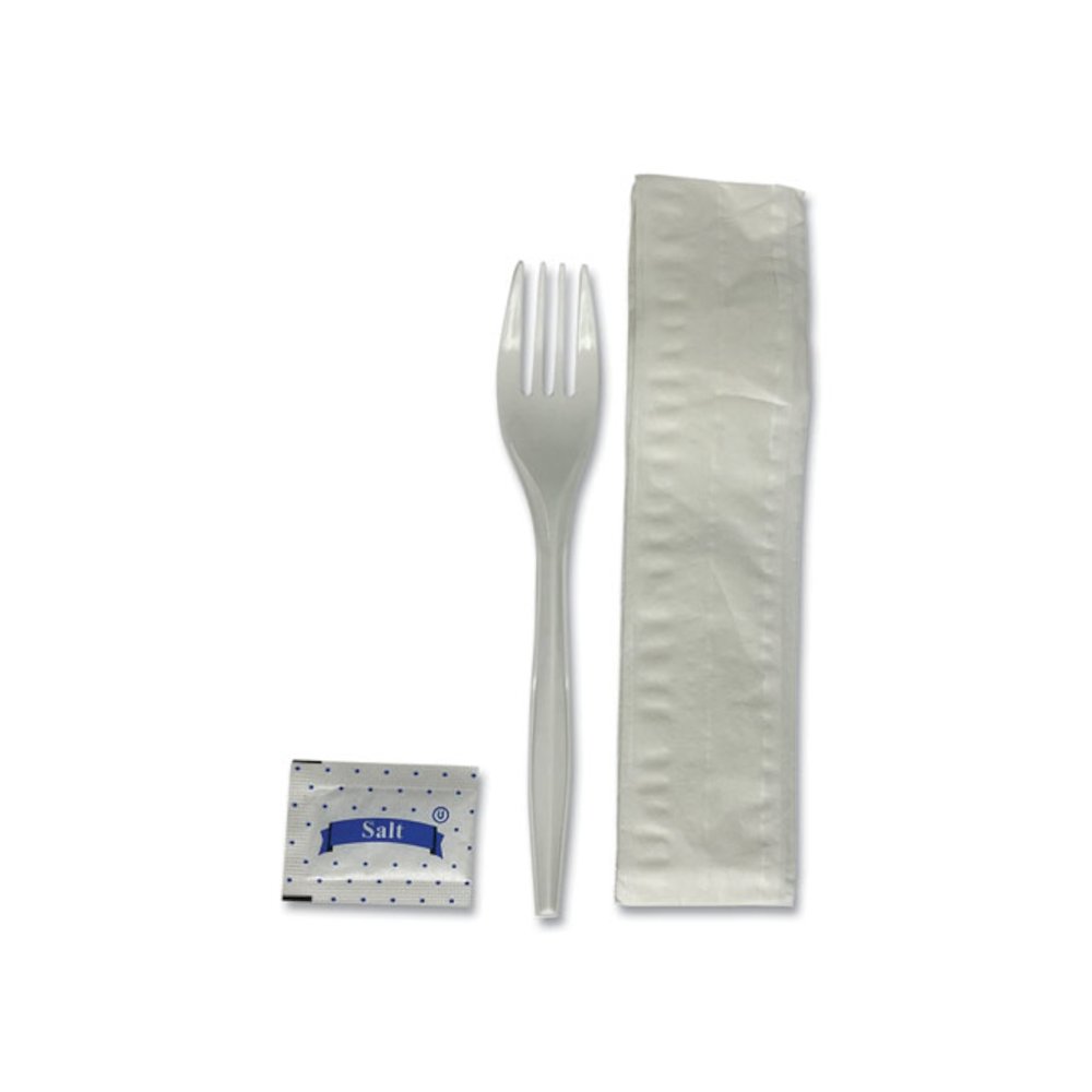 Three-Piece Utensil Set, Fork/Napkin/Salt, Plastic, White, 500/Carton. Picture 2