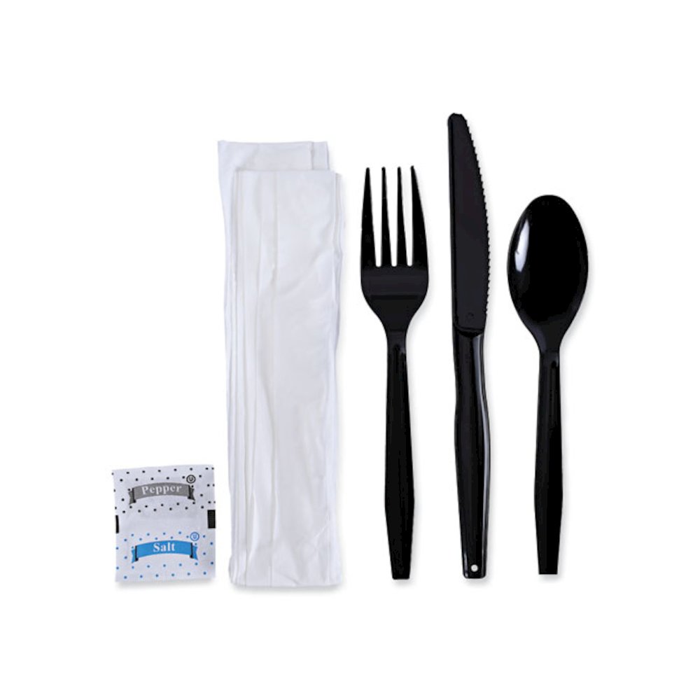 Six-Piece Cutlery Kit, Mediumweight, Fork/Knife/Napkin/Pepper/Salt/Spoon, Plastic, Black, 250/Carton. Picture 8