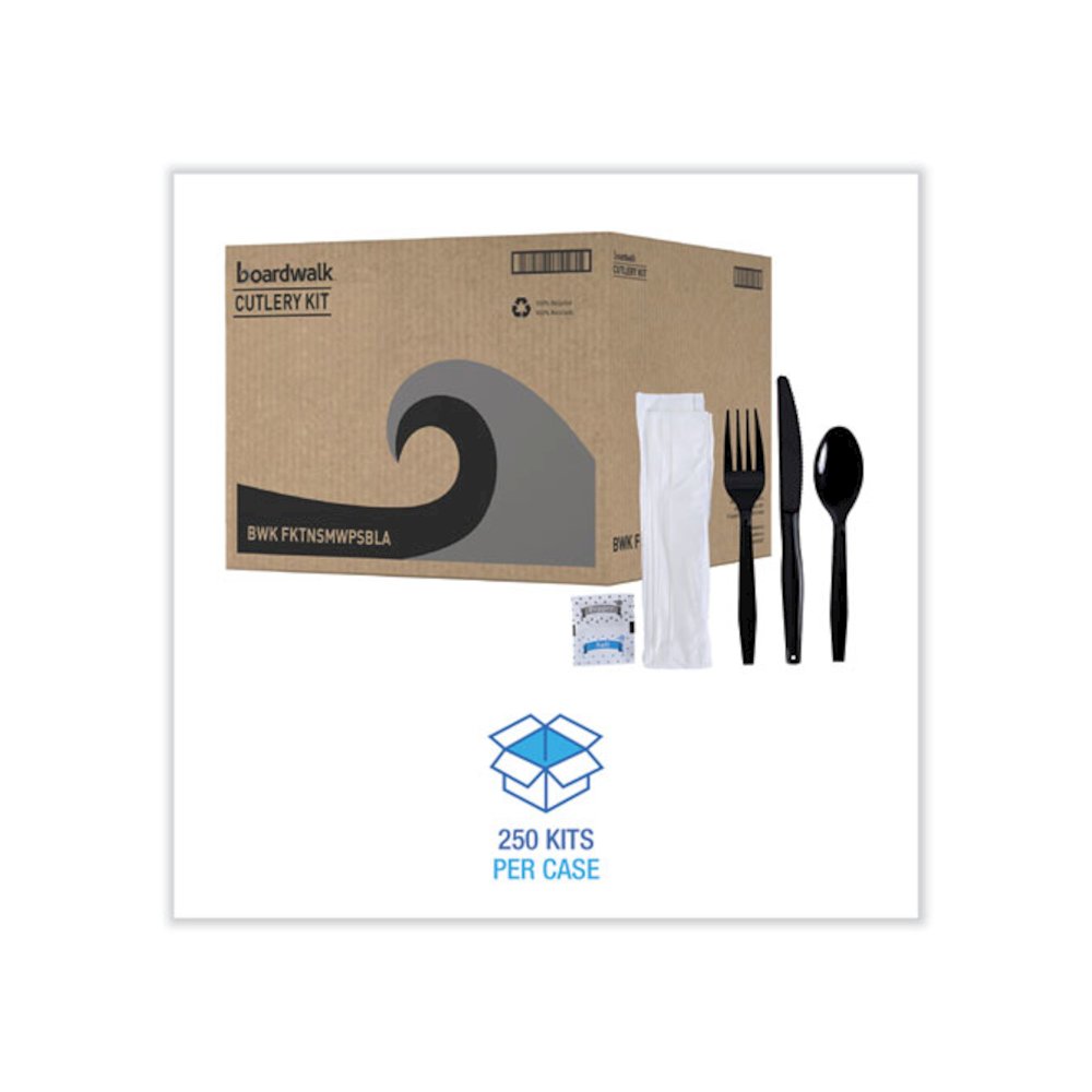 Six-Piece Cutlery Kit, Mediumweight, Fork/Knife/Napkin/Pepper/Salt/Spoon, Plastic, Black, 250/Carton. Picture 2