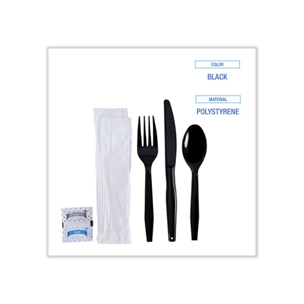 Six-Piece Cutlery Kit, Mediumweight, Fork/Knife/Napkin/Pepper/Salt/Spoon, Plastic, Black, 250/Carton. Picture 3