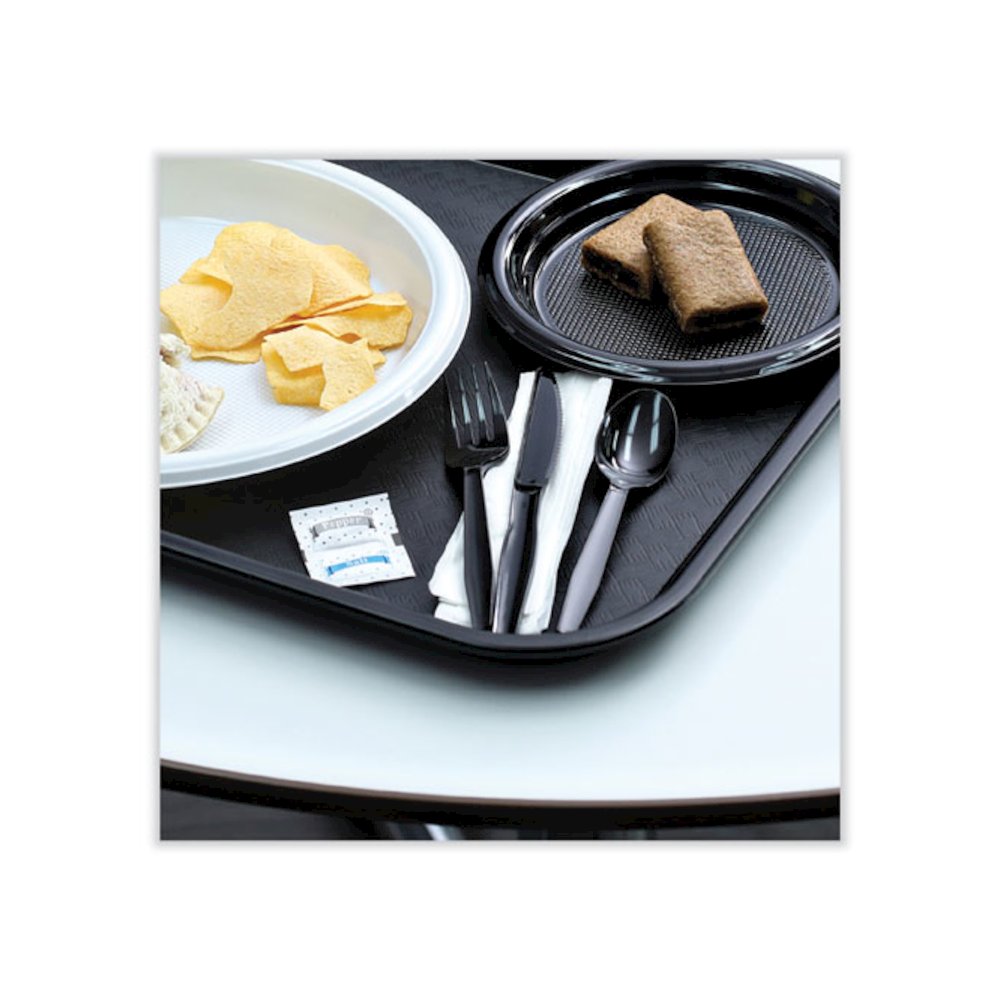 Six-Piece Cutlery Kit, Mediumweight, Fork/Knife/Napkin/Pepper/Salt/Spoon, Plastic, Black, 250/Carton. Picture 4
