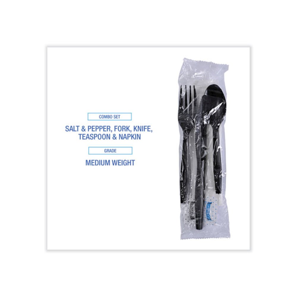 Six-Piece Cutlery Kit, Mediumweight, Fork/Knife/Napkin/Pepper/Salt/Spoon, Plastic, Black, 250/Carton. Picture 5