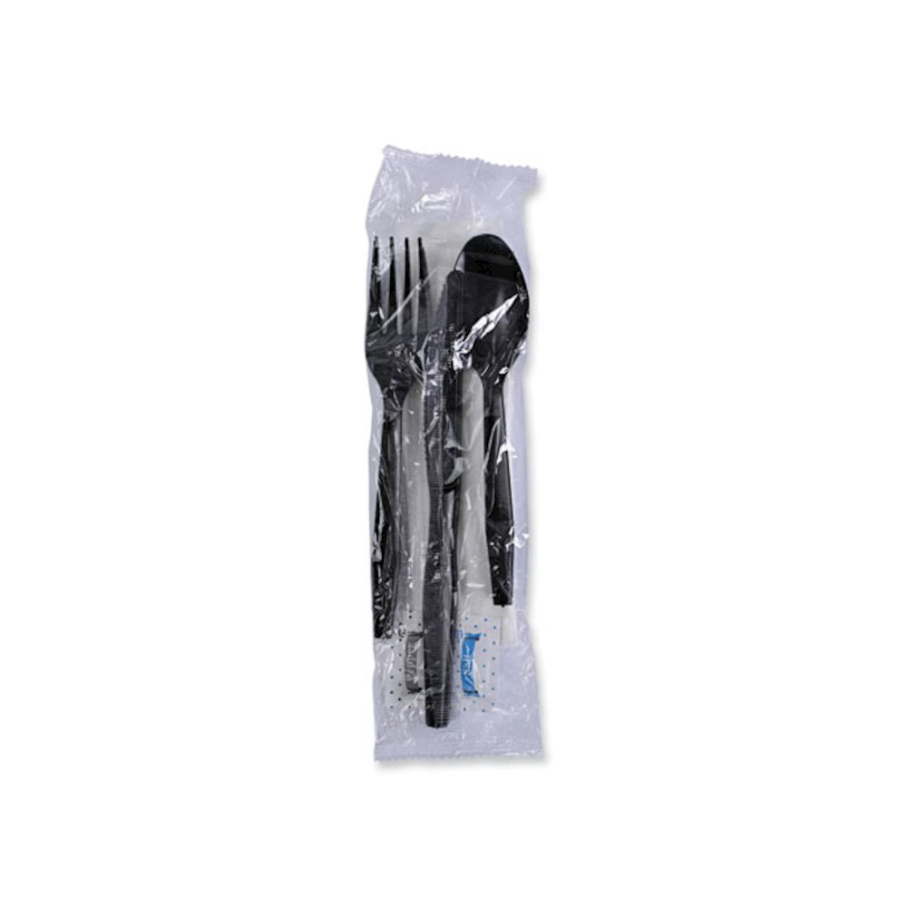 Six-Piece Cutlery Kit, Mediumweight, Fork/Knife/Napkin/Pepper/Salt/Spoon, Plastic, Black, 250/Carton. Picture 7