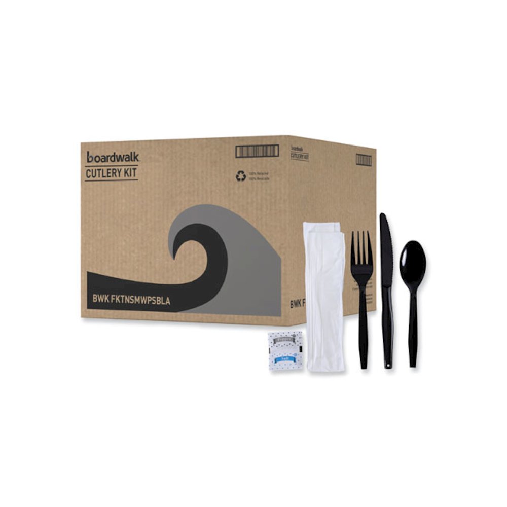 Six-Piece Cutlery Kit, Mediumweight, Fork/Knife/Napkin/Pepper/Salt/Spoon, Plastic, Black, 250/Carton. Picture 1