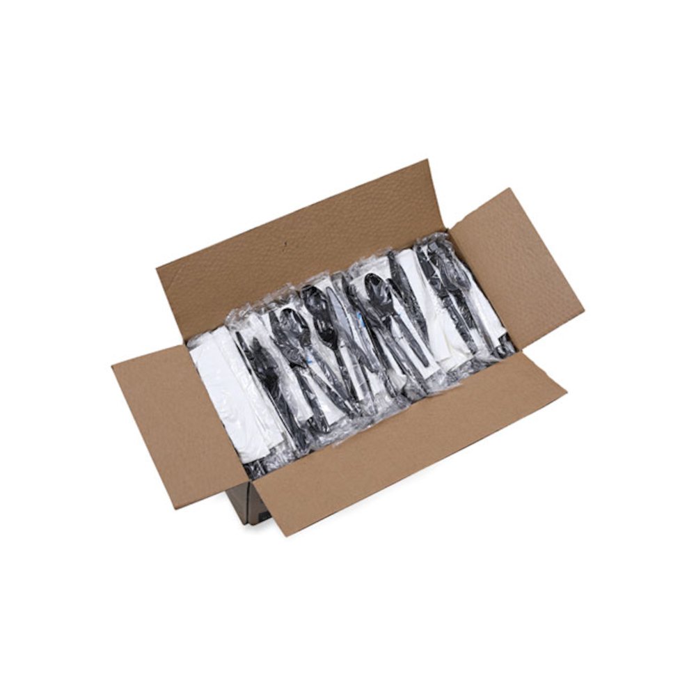 Six-Piece Cutlery Kit, Mediumweight, Fork/Knife/Napkin/Pepper/Salt/Spoon, Plastic, Black, 250/Carton. Picture 9