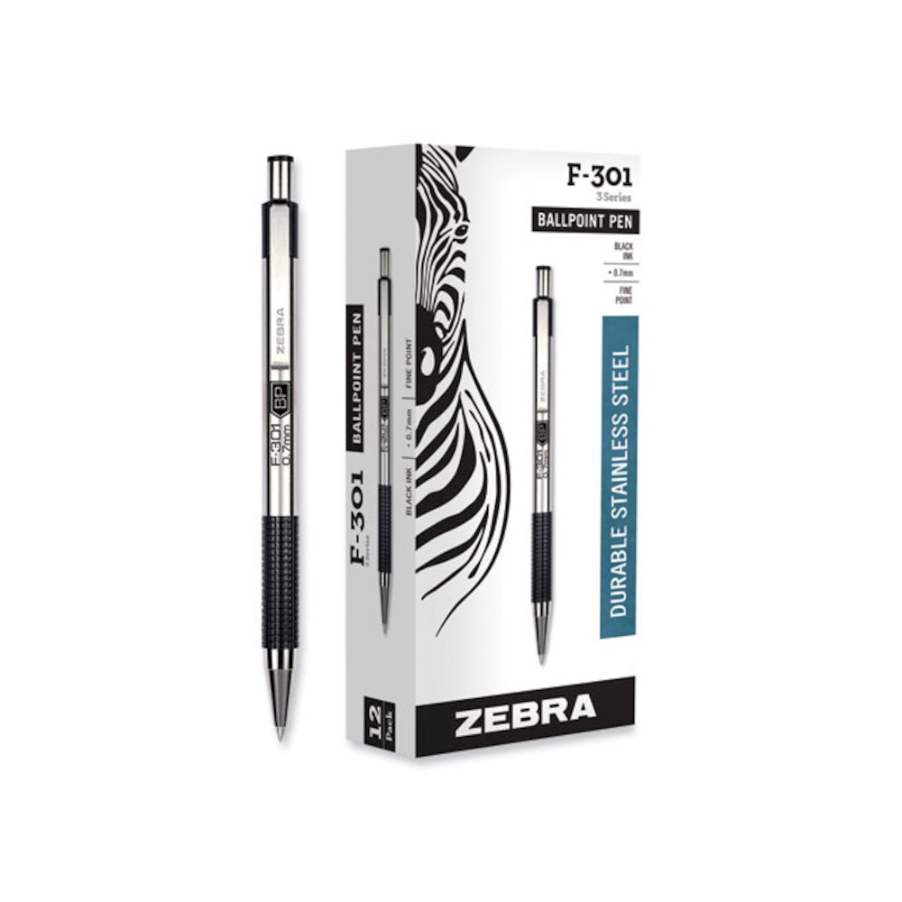 F-301 Ballpoint Pen, Retractable, Fine 0.7 mm, Black Ink, Stainless Steel/Black Barrel, Dozen. Picture 1