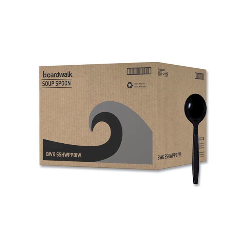 Heavyweight Wrapped Polypropylene Cutlery, Soup Spoon, Plastic, Black, 1,000/Carton. Picture 1