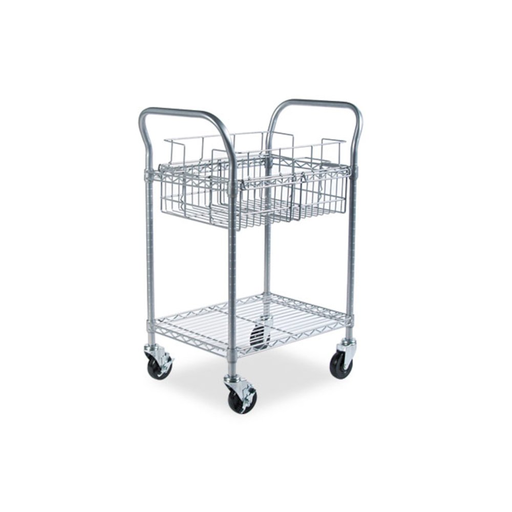 Dual-Purpose Wire Mail and Filing Cart, Metal, 1 Shelf, 1 Bin, 26.75" x 18.75" x 38.5", Metallic Gray. Picture 1