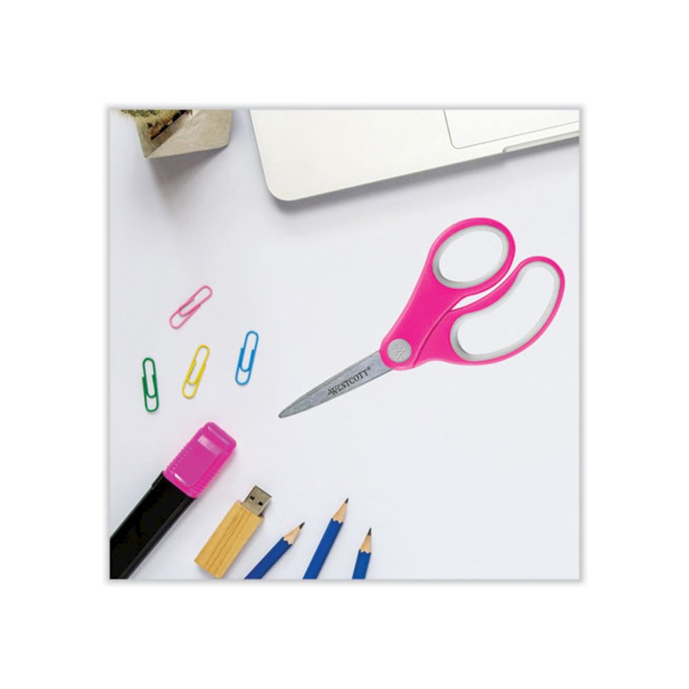 Soft Handle Kids Scissors, Pointed Tip, 5" Long, 1.75" Cut Length, Straight Assorted Color Handles, 12/Pack. Picture 5
