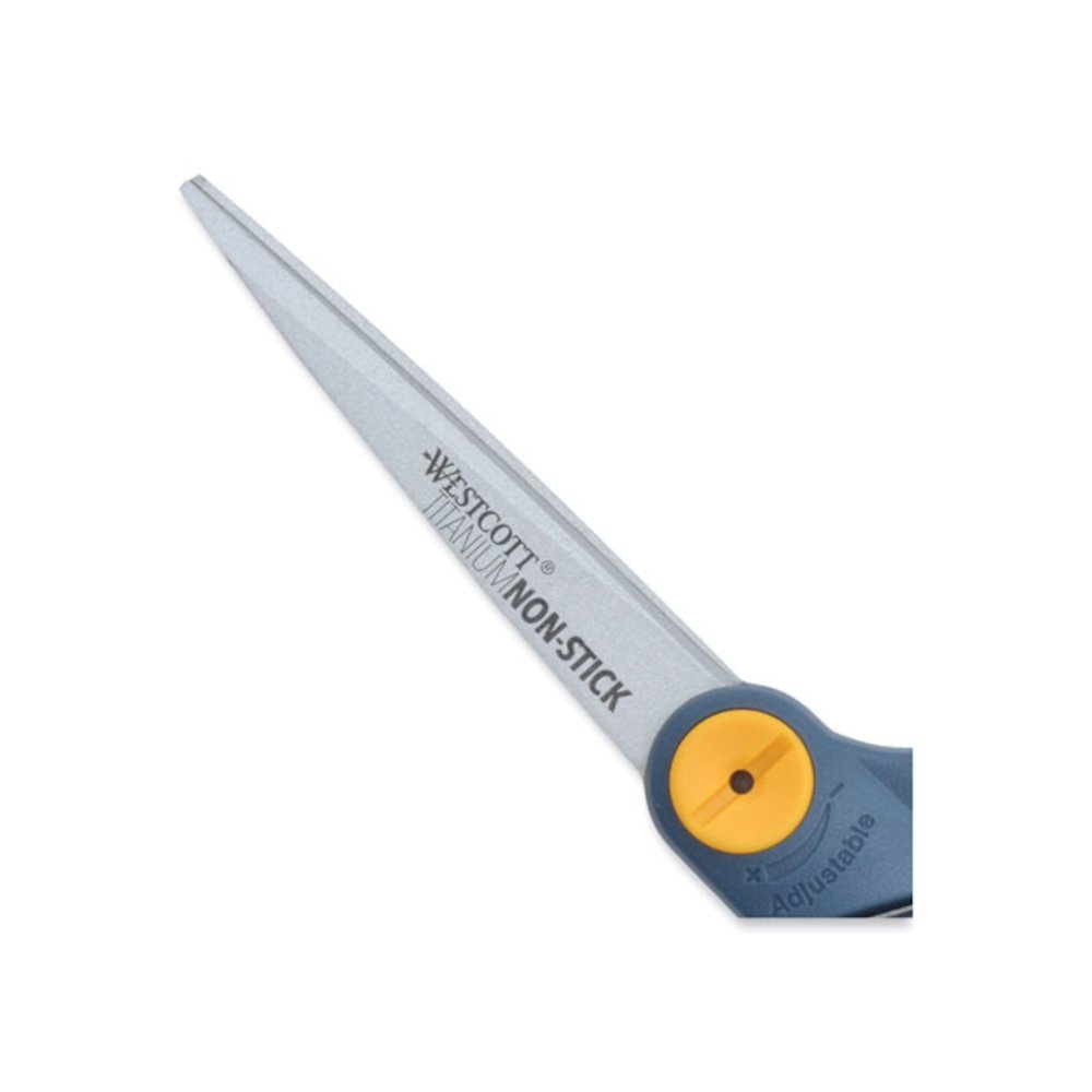 Non-Stick Titanium Bonded Scissors, 8" Long, 3.25" Cut Length, Crane-Style Gray/Yellow Handle. Picture 2