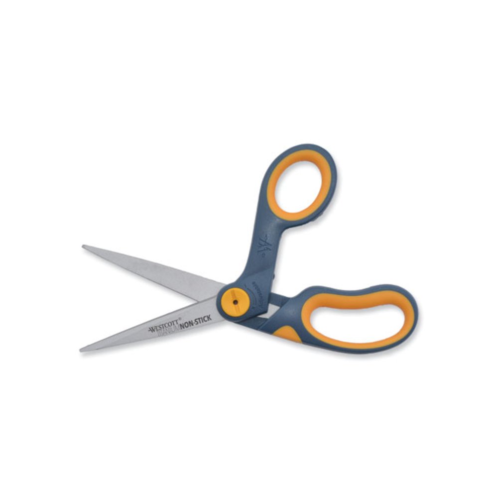 Non-Stick Titanium Bonded Scissors, 8" Long, 3.25" Cut Length, Crane-Style Gray/Yellow Handle. Picture 5