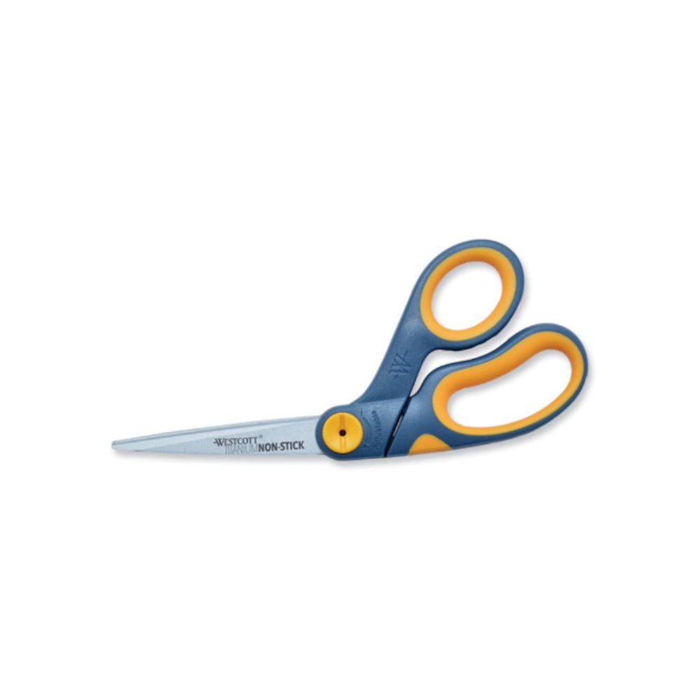 Non-Stick Titanium Bonded Scissors, 8" Long, 3.25" Cut Length, Crane-Style Gray/Yellow Handle. Picture 1