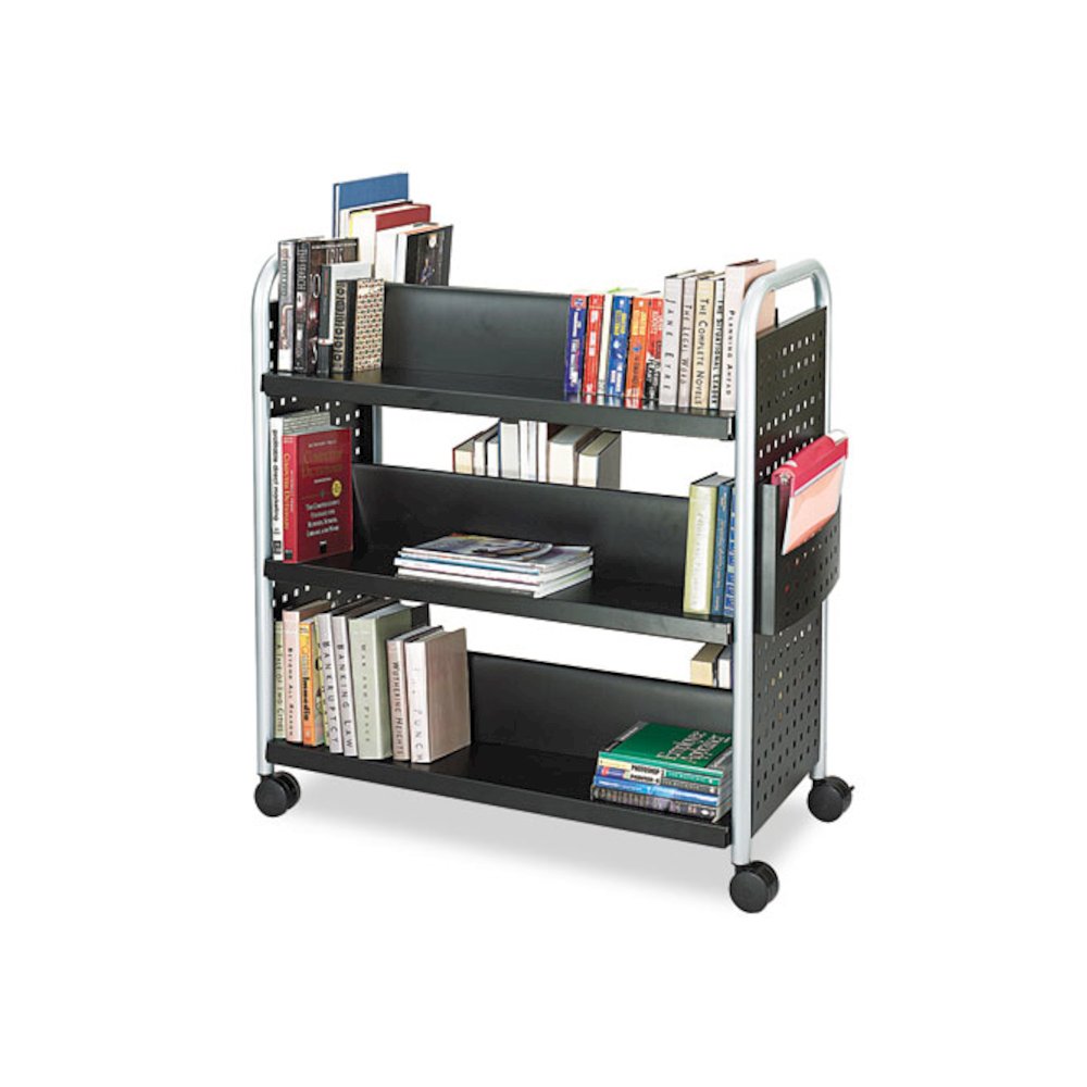 Scoot Double-Sided Book Cart, Metal, 6 Shelves, 1 Bin, 41.25" x 17.75" x 41.25", Black. Picture 1