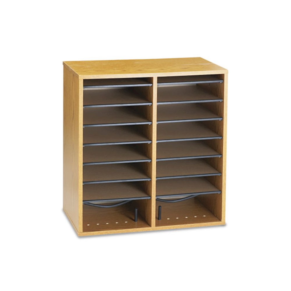 Wood/Laminate Literature/CD Sorter, 16 Compartments, 19.5 x 11.75 x 21, Medium Oak. Picture 1