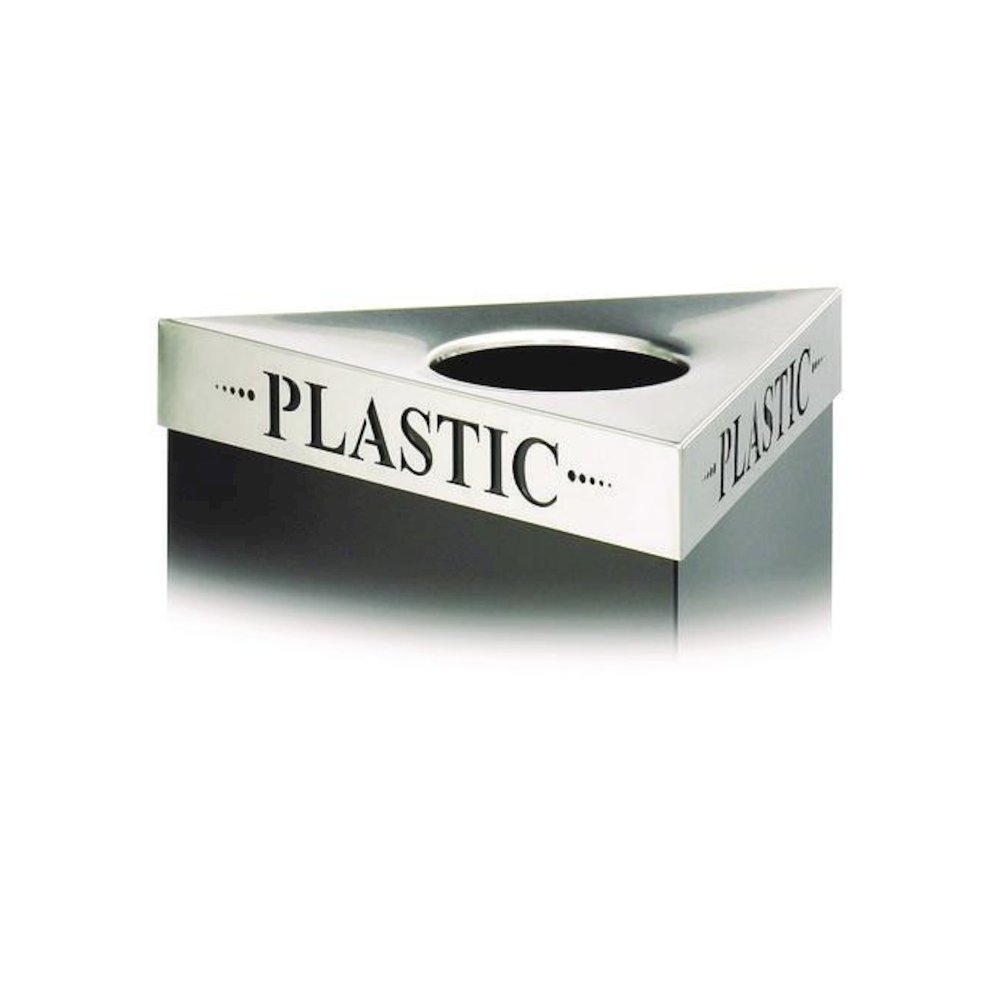 Triangular Lid for Trifecta Receptacle, Laser Cut "PLASTIC" Inscription, 20w x 20d x 3h, Stainless Steel. Picture 1