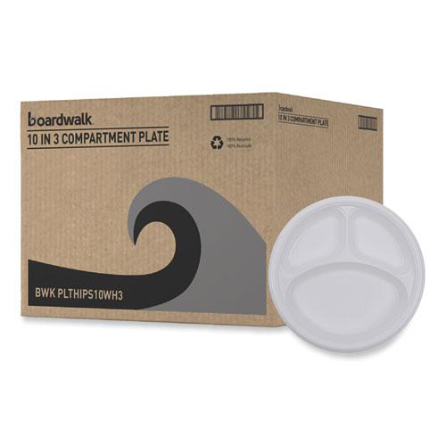 Hi-Impact Plastic Dinnerware, 3-Compartment Plate, 10" dia, White, 500/Carton. Picture 9