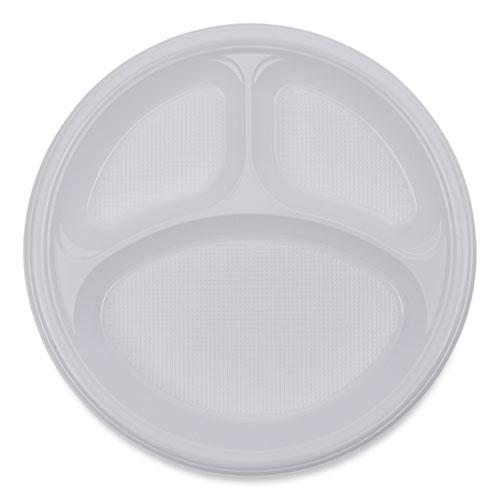 Hi-Impact Plastic Dinnerware, 3-Compartment Plate, 10" dia, White, 500/Carton. Picture 8