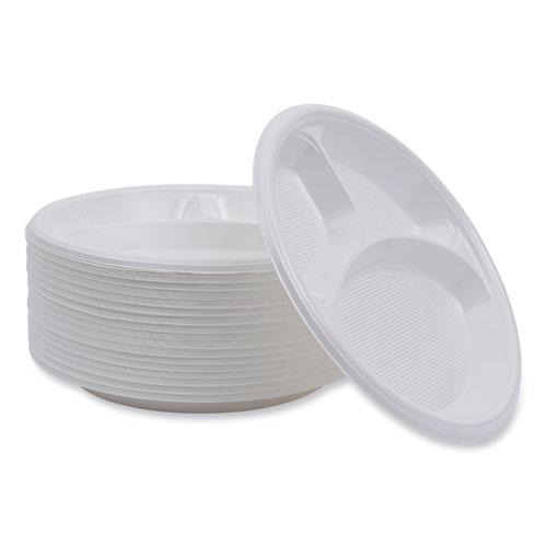 Hi-Impact Plastic Dinnerware, 3-Compartment Plate, 10" dia, White, 500/Carton. Picture 6