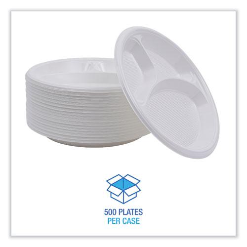 Hi-Impact Plastic Dinnerware, 3-Compartment Plate, 10" dia, White, 500/Carton. Picture 3