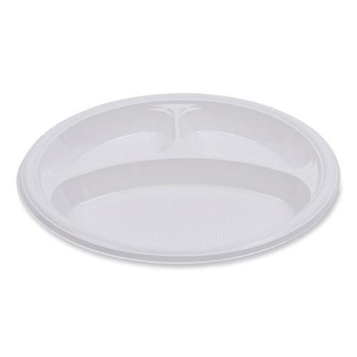 Hi-Impact Plastic Dinnerware, 3-Compartment Plate, 10" dia, White, 500/Carton. Picture 1