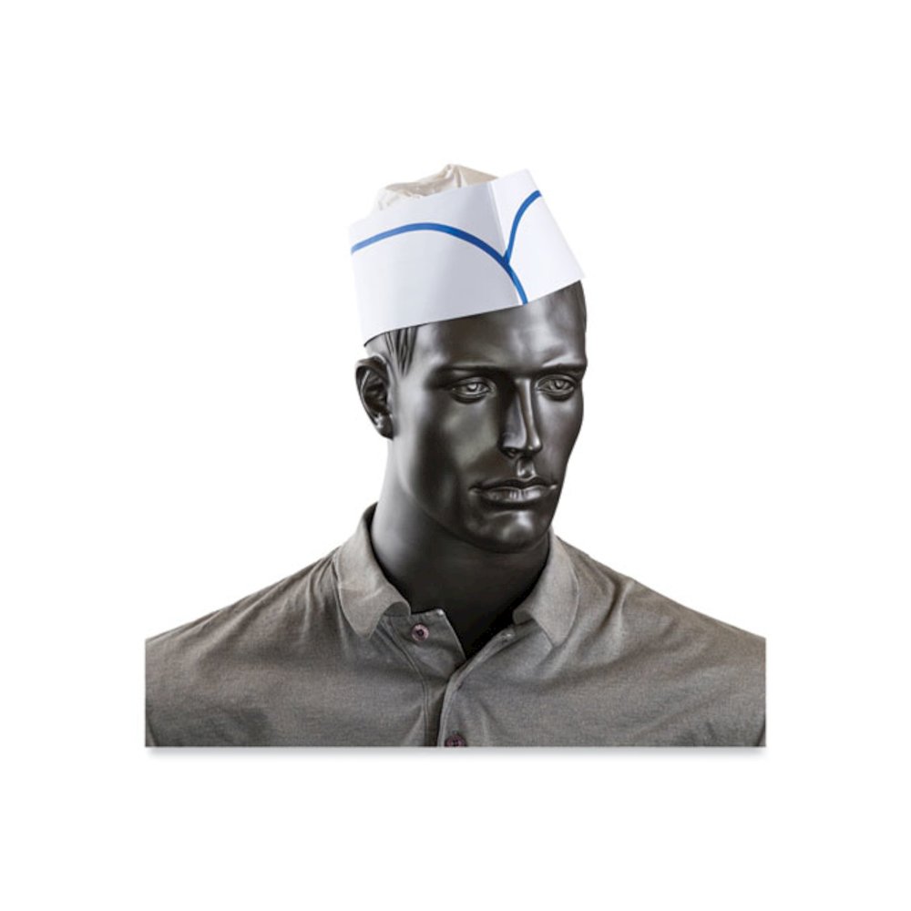 Classy Cap, Crepe Paper, Adjustable, One Size Fits All, White/Blue Stripe, 100 Caps/Pack, 10 Packs/Carton. Picture 2