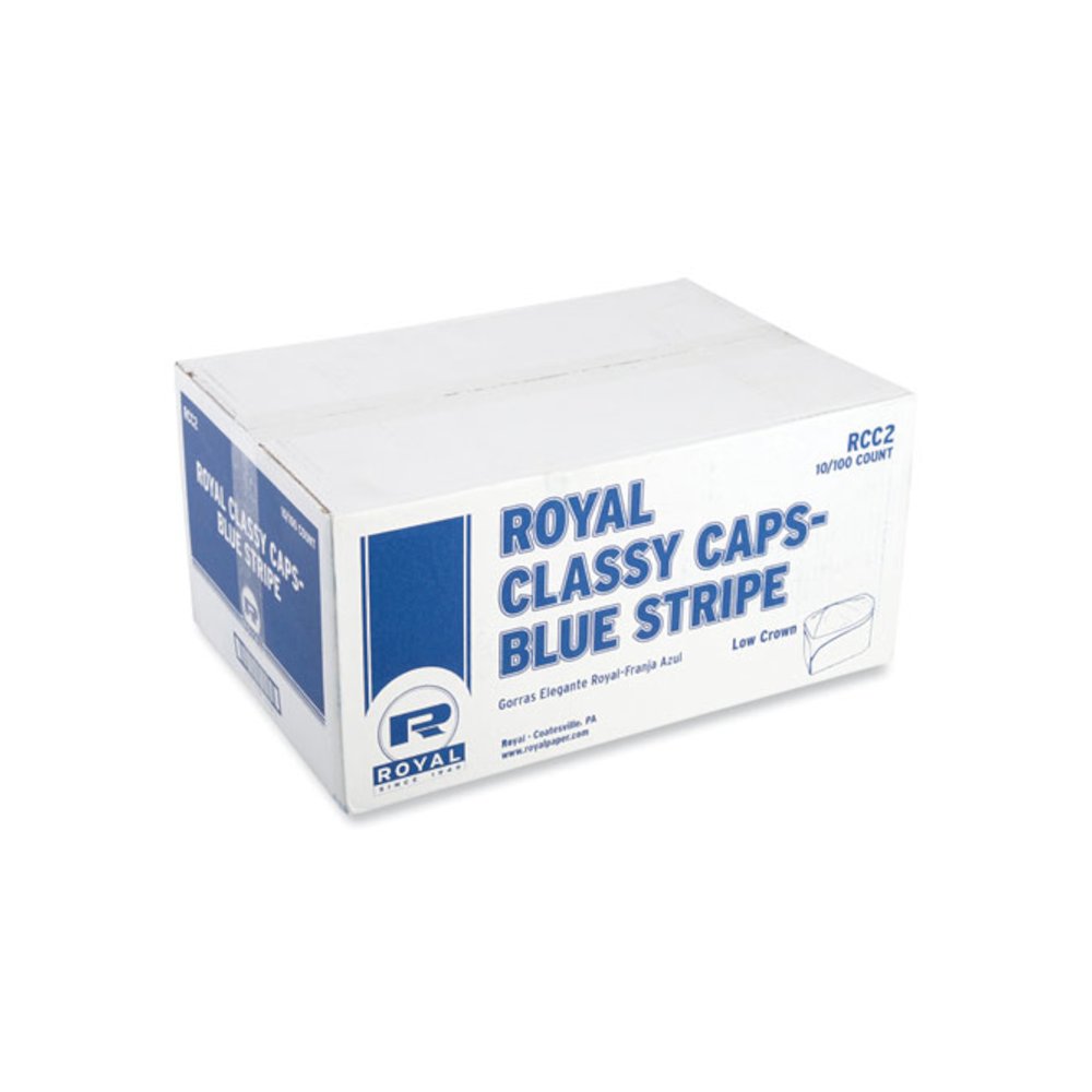Classy Cap, Crepe Paper, Adjustable, One Size Fits All, White/Blue Stripe, 100 Caps/Pack, 10 Packs/Carton. Picture 1