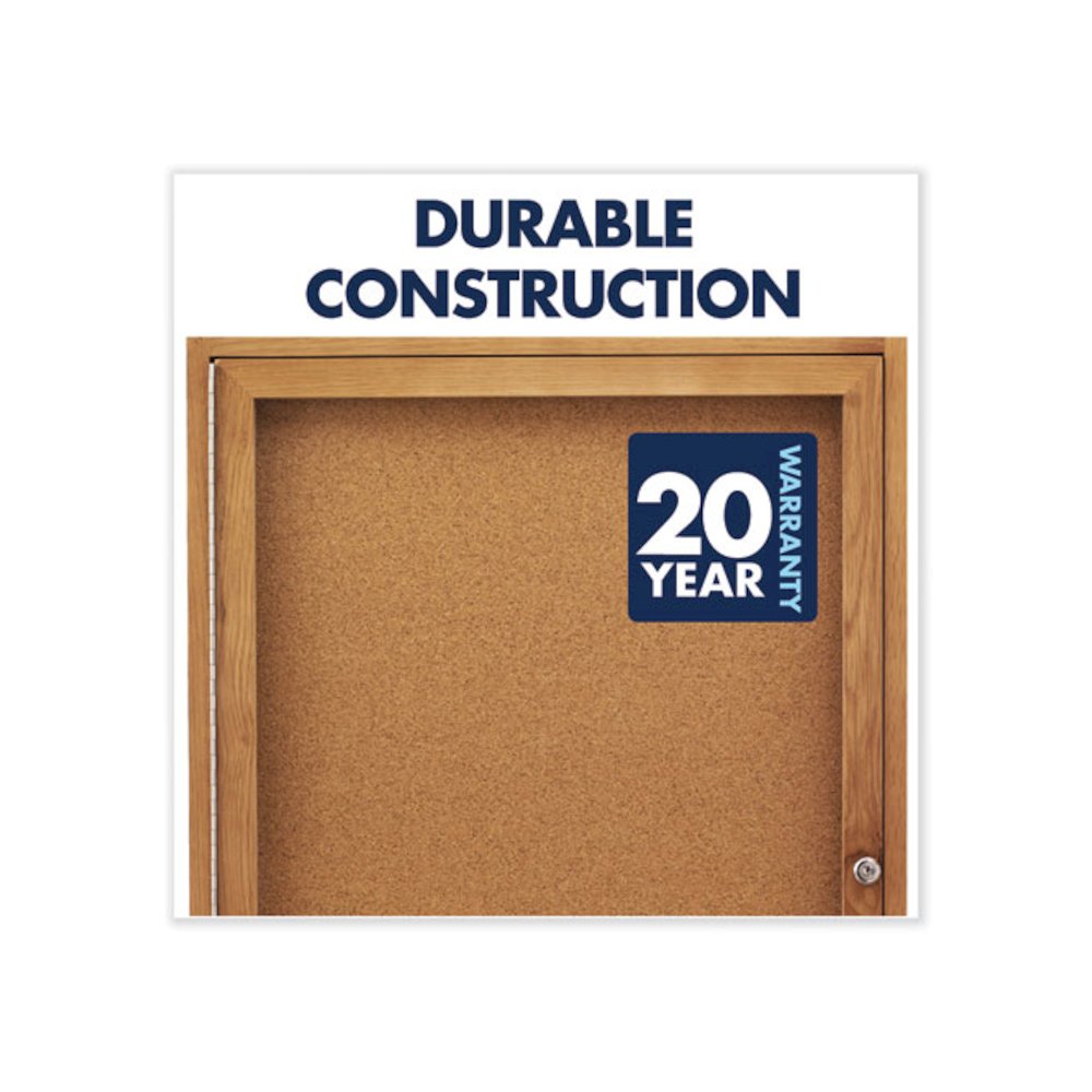Enclosed Indoor Cork Bulletin Board with Two Hinged Doors, 48" x 36", Tan Surface, Oak Finished Fiberboard (MDF) Frame. Picture 4