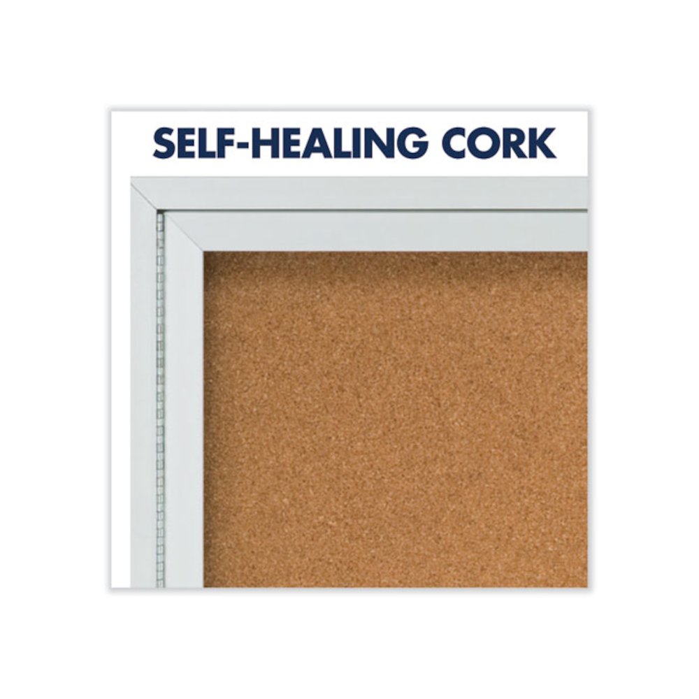 Enclosed Indoor Cork Bulletin Board with Three Hinged Doors, 72" x 36", Tan Surface, Satin Aluminum Frame. Picture 4