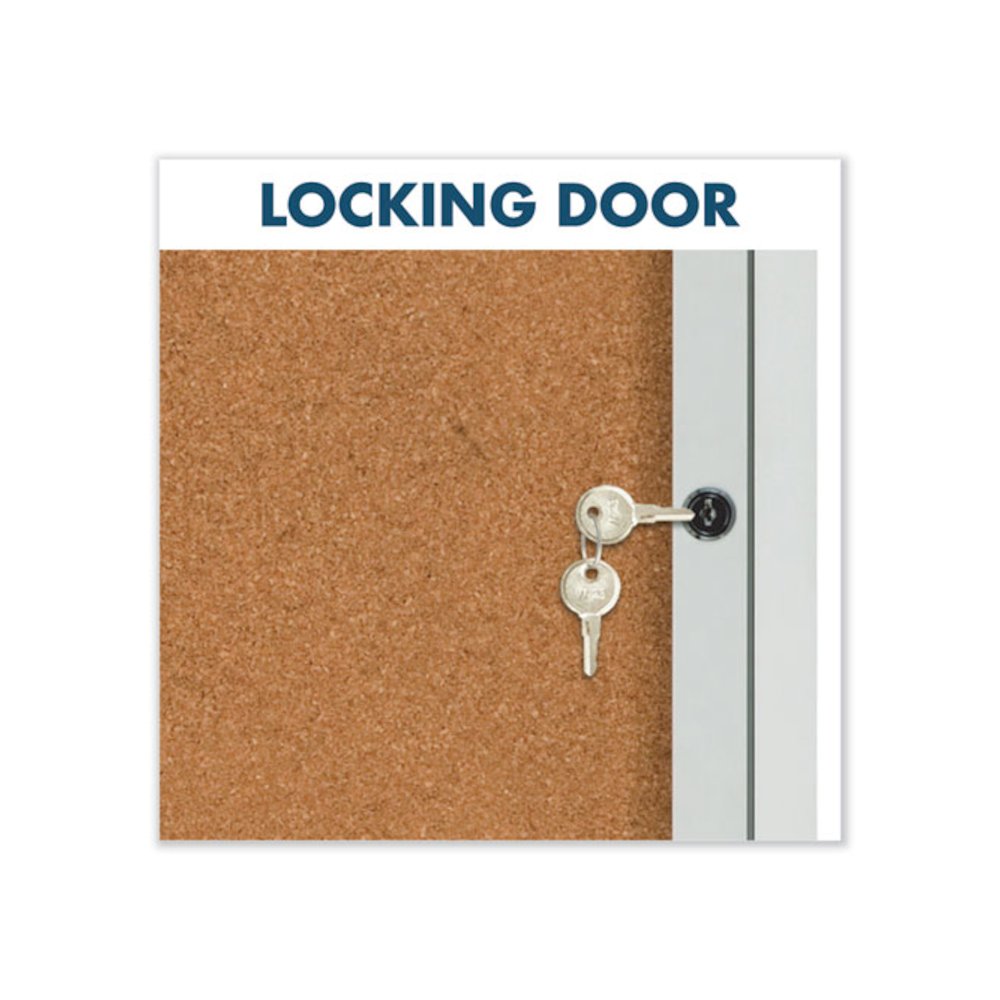 Enclosed Indoor Cork Bulletin Board with Three Hinged Doors, 72" x 36", Tan Surface, Satin Aluminum Frame. Picture 5