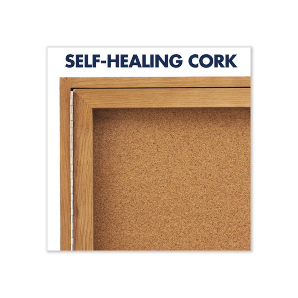 Enclosed Indoor Cork Bulletin Board with Two Hinged Doors, 48" x 36", Tan Surface, Oak Finished Fiberboard (MDF) Frame. Picture 5