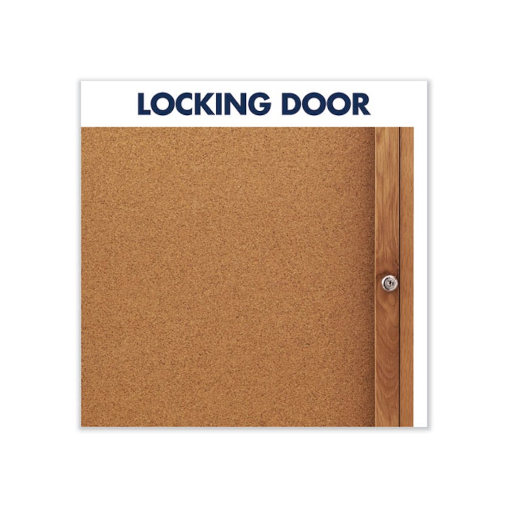 Enclosed Indoor Cork Bulletin Board with Two Hinged Doors, 48" x 36", Tan Surface, Oak Finished Fiberboard (MDF) Frame. Picture 3