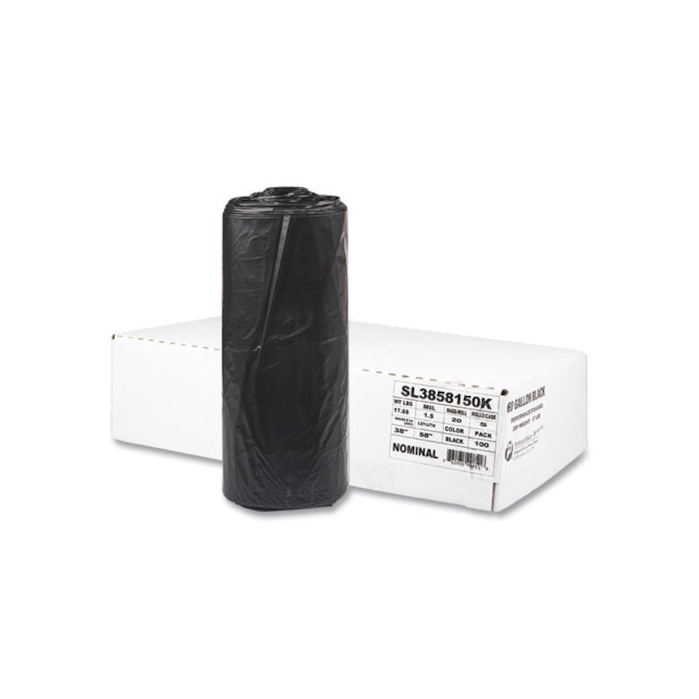 Low-Density Commercial Can Liners, 60 gal, 1.5 mil, 38" x 58", Black, Interleaved Roll, 20 Bags/Roll, 5 Rolls/Carton. Picture 2