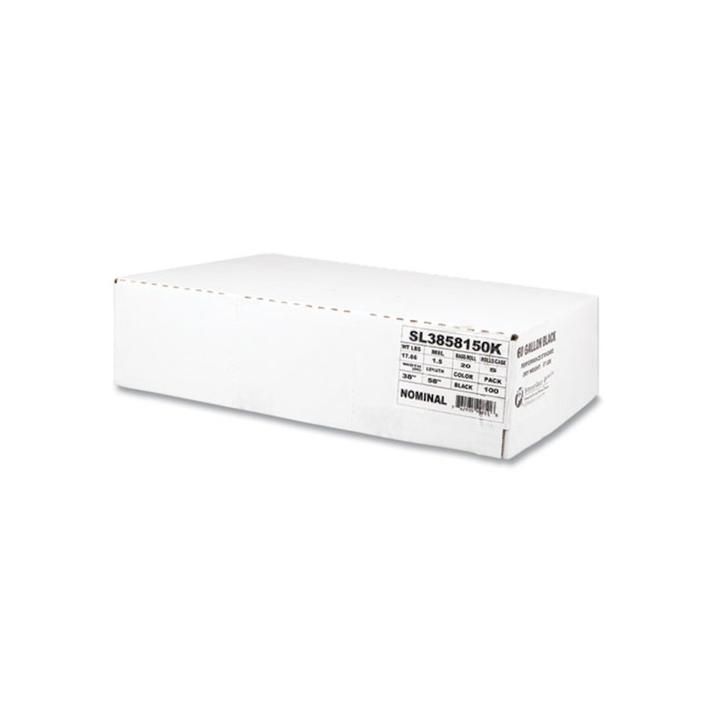 Low-Density Commercial Can Liners, 60 gal, 1.5 mil, 38" x 58", Black, Interleaved Roll, 20 Bags/Roll, 5 Rolls/Carton. Picture 1