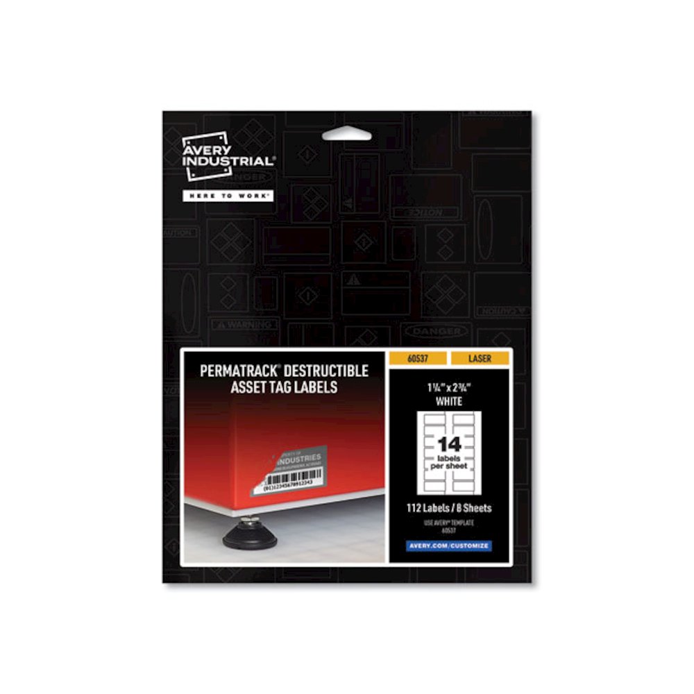 PermaTrack Destructible Asset Tag Labels, Laser Printers, 1.25 x 2.75, White, 14/Sheet, 8 Sheets/Pack. Picture 1