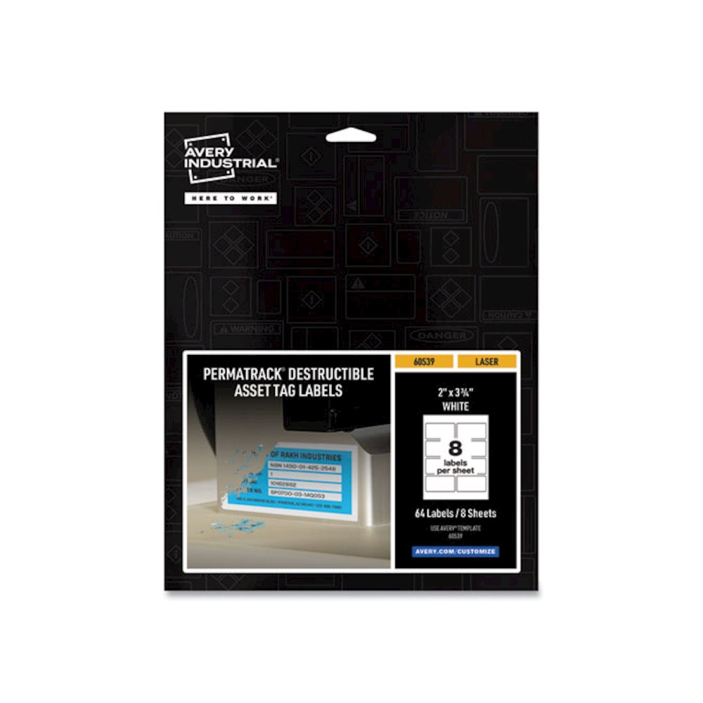 PermaTrack Destructible Asset Tag Labels, Laser Printers, 2 x 3.75, White, 8/Sheet, 8 Sheets/Pack. Picture 1