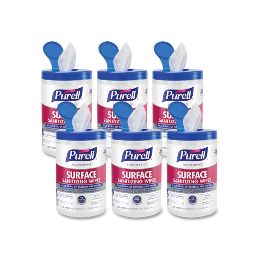 Foodservice Surface Sanitizing Wipes, 1-Ply, 10 x 7, Fragrance-Free, White, 110/Canister, 6 Canisters/Carton. Picture 1