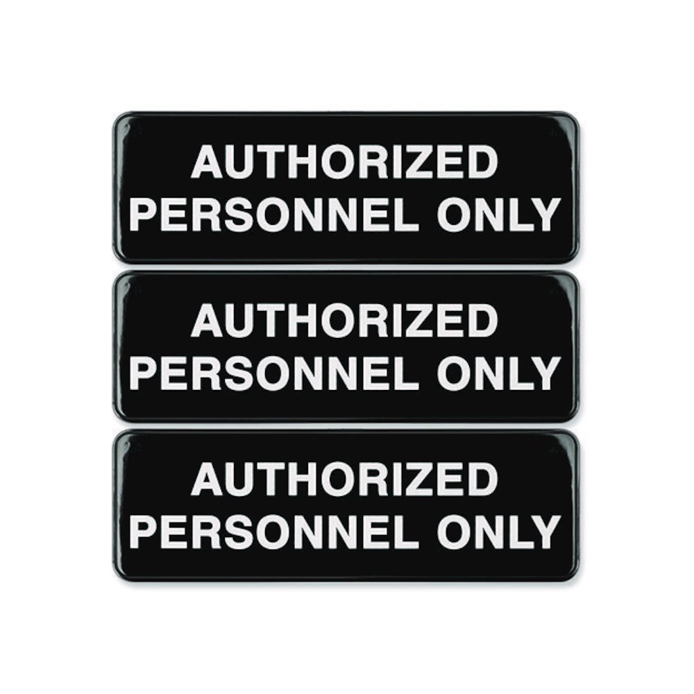 Authorized Personnel Only Indoor/Outdoor Wall Sign, 9" x 3", Black Face, White Graphics, 3/Pack. Picture 1