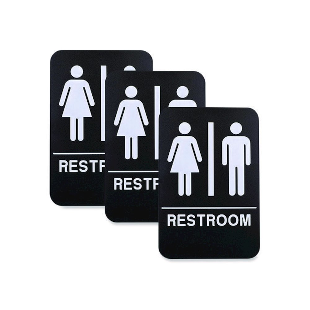 Indoor/Outdoor Restroom with Braille Text, 6 x 9, Black Face, White Graphics, 3/Pack. Picture 1