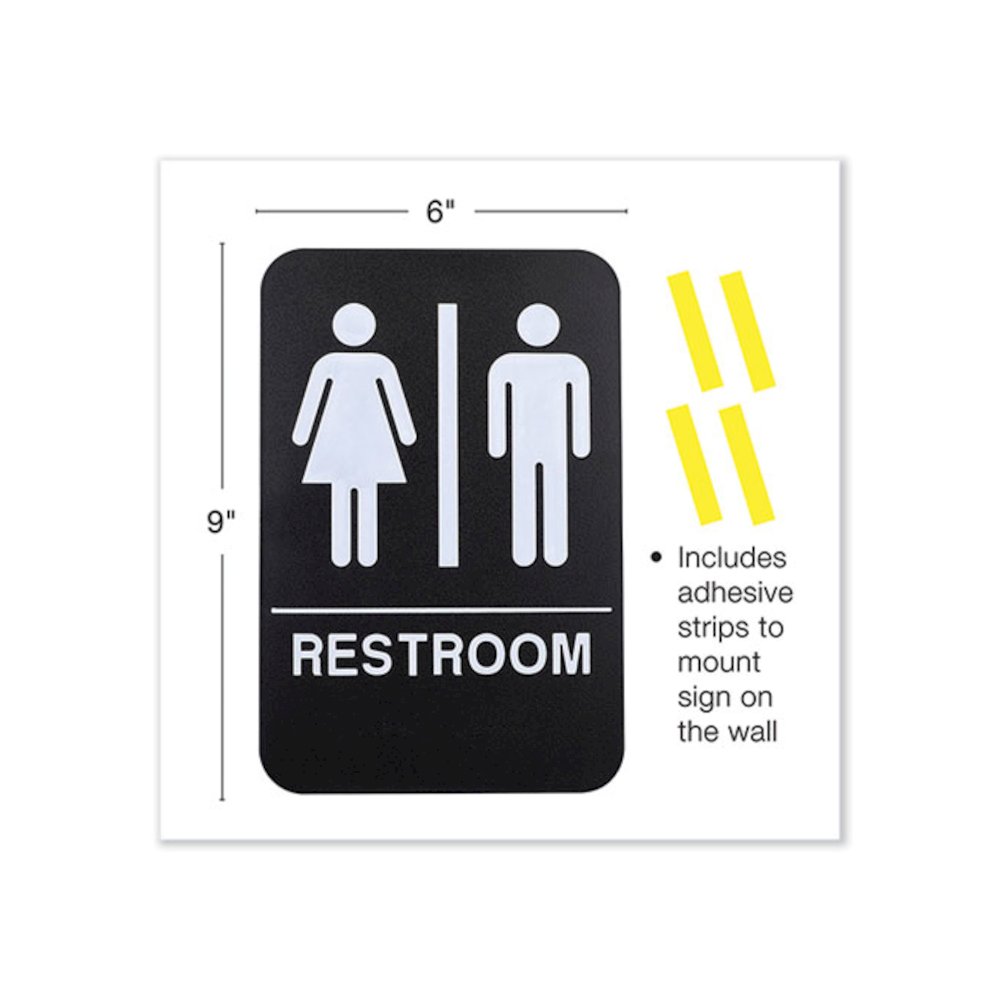 Indoor/Outdoor Restroom with Braille Text, 6 x 9, Black Face, White Graphics, 3/Pack. Picture 2